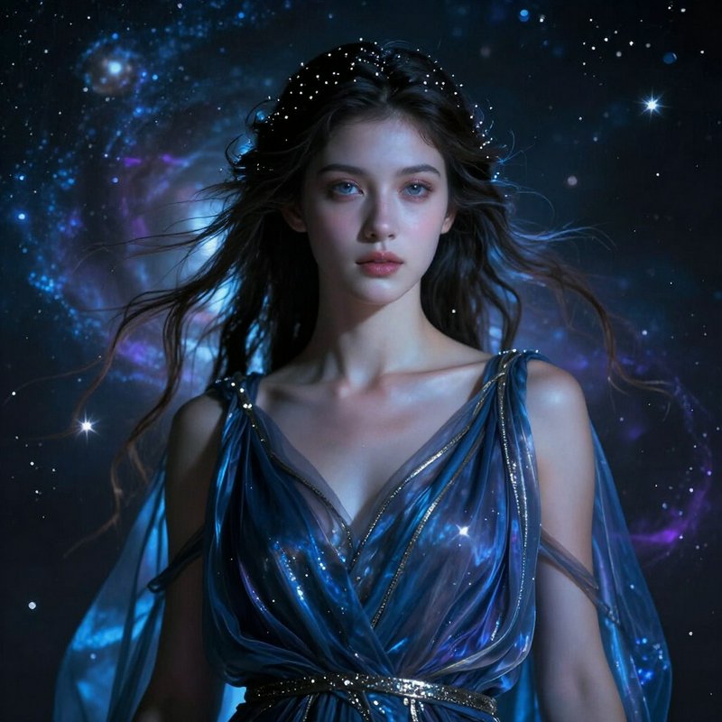 Ethereal celestial goddess in a shimmering blue gown stands against a glowing swirling starry neb...