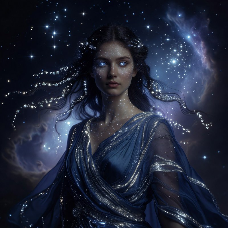 Ethereal star goddess with glowing eyes stands against a swirling star-filled cosmic nebula backg...