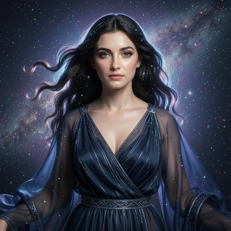 Ethereal celestial star goddess in a sheer navy gown stands against a glowing milky way starry sky