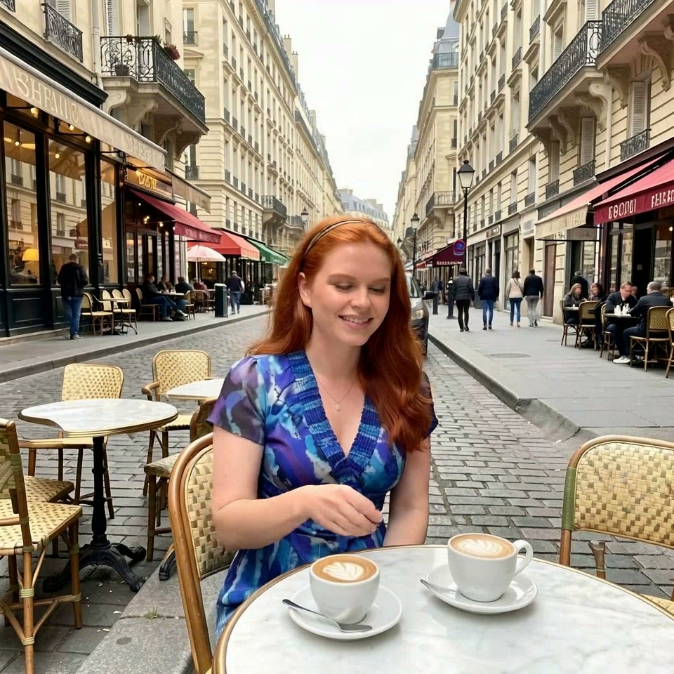 Red-haired woman in a blue dress sits at an outdoor cafe on a cobblestone street.