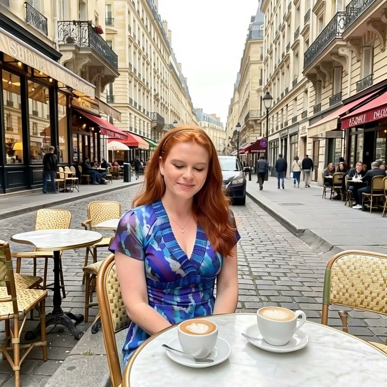 Woman with red hair in a blue dress sits at an outdoor cafe on a cobblestone European street.