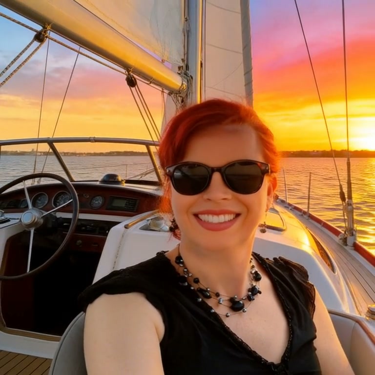 Woman with red hair and sunglasses on a sailboat at sunset, smiling.
