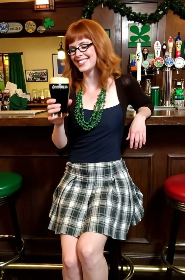 Redheaded woman in a navy top and plaid skirt sits at a bar holding a pint of dark beer.