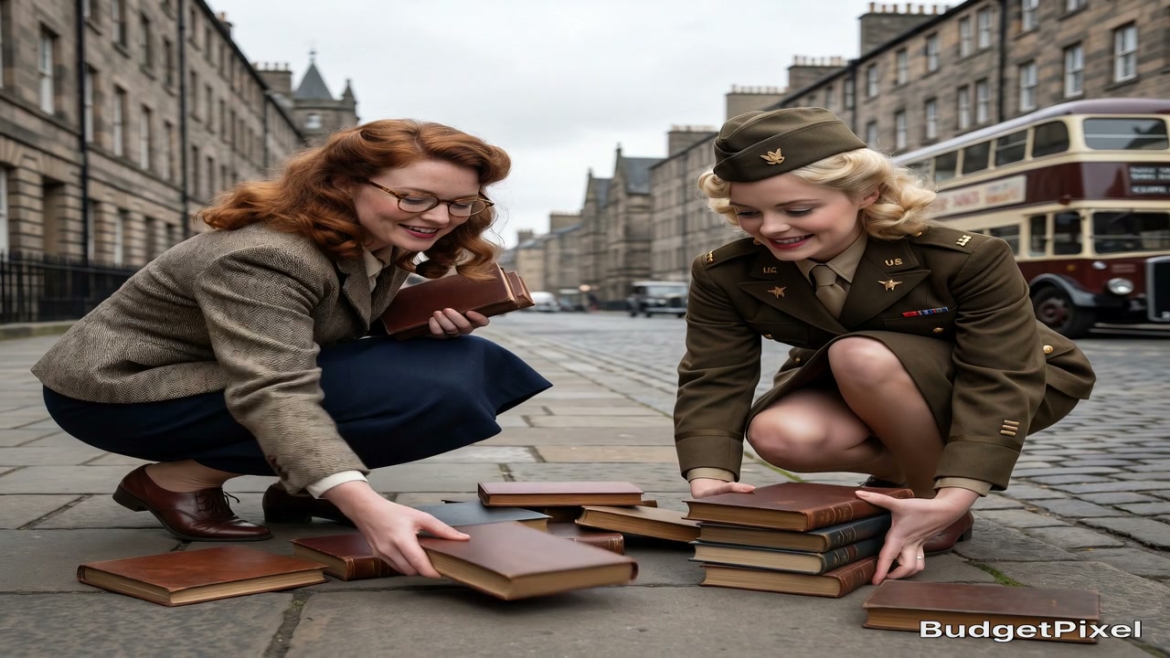 Two women on a cobblestone street sort brown leather books; one in a vintage military uniform and...