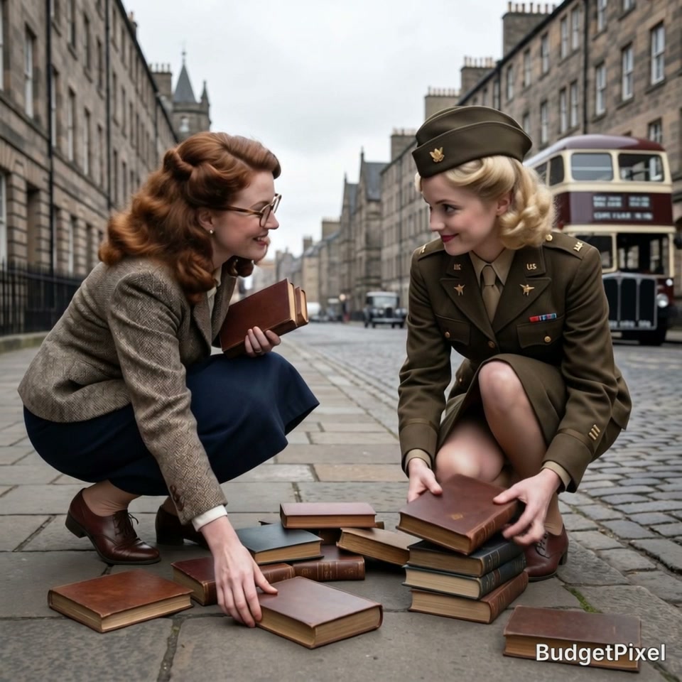 Two women on a cobblestone street, one in WWII military uniform and the other in 1940s attire, so...
