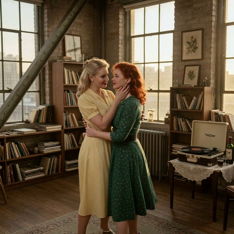 Two vintage-clad women embrace in a cozy brick-walled library with a record player.