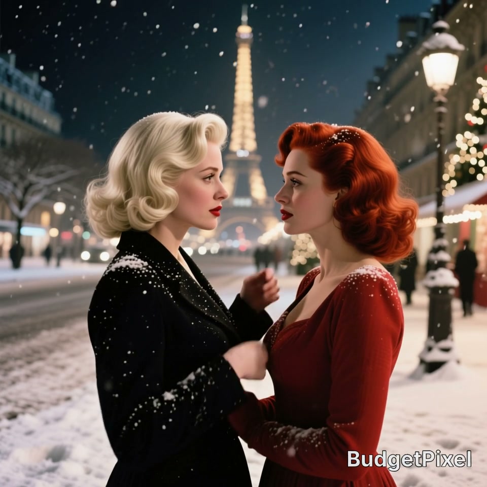 Two glamorous vintage-styled women face each other on a snowy Paris night street, glowing Eiffel ...