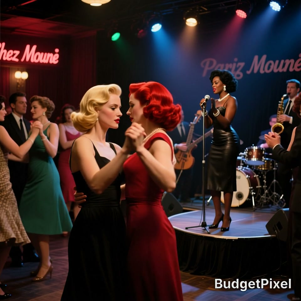 Two women dance closely at a 1950s vintage nightclub, as a jazz singer and live band perform on t...