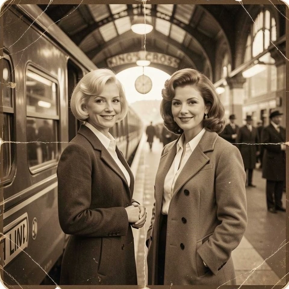Aged sepia vintage photo of two smiling 1960s women standing on King's Cross train station platfo...