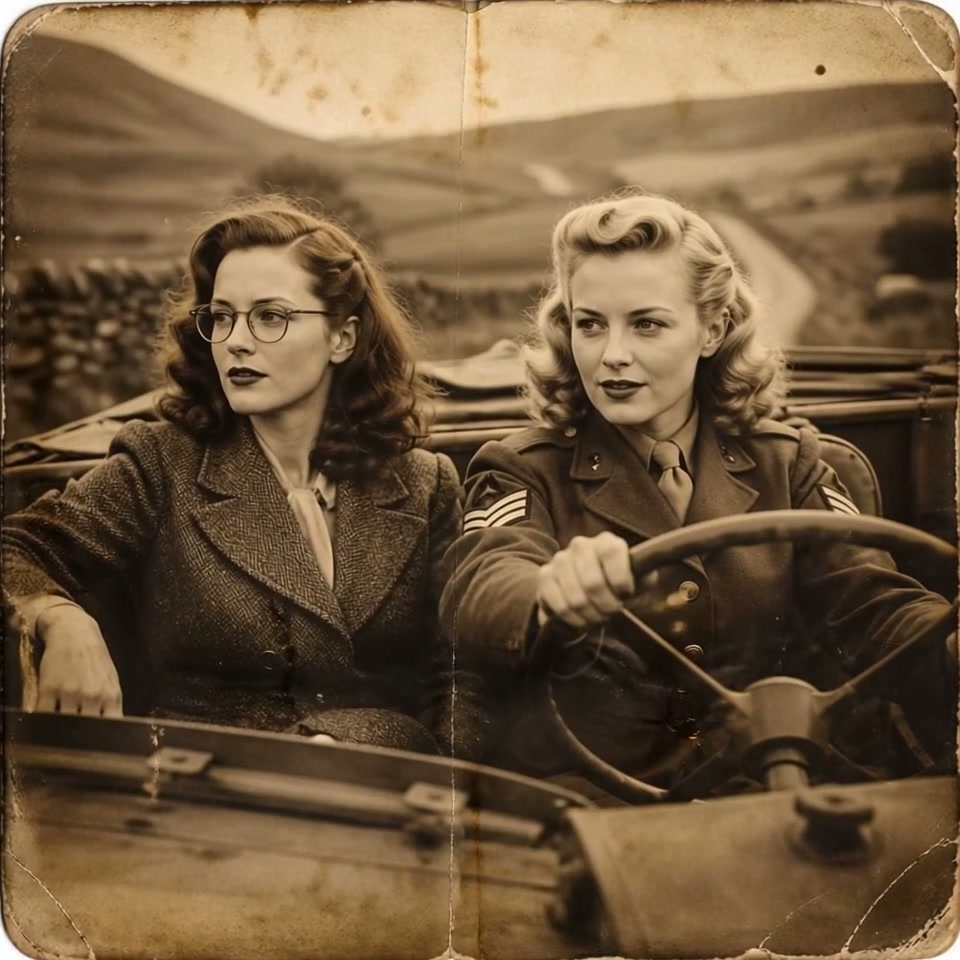 Aged sepia vintage photo of two 1940s women riding in an open convertible, one in military unifor...