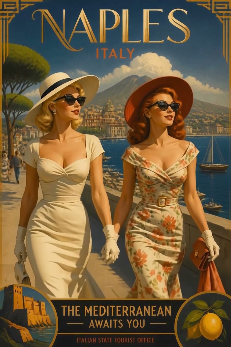 Vintage Art Deco travel poster for Naples Italy, showing two stylish 1950s women strolling the Ba...