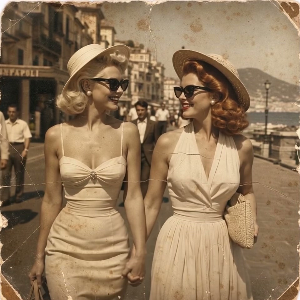 Distressed vintage photo of two glamorous 1950s women holding hands while strolling a sunny Medit...