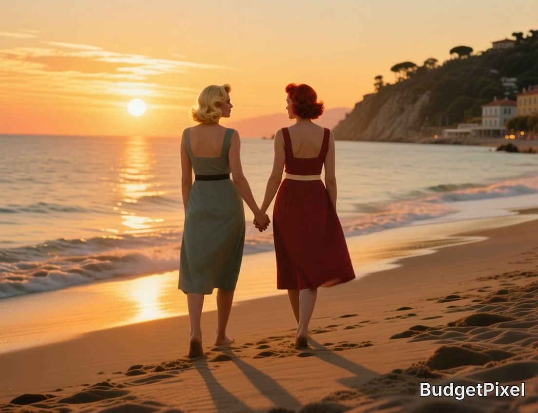 Two retro 1950s-style women hold hands while walking barefoot along a sandy beach at golden sunset.