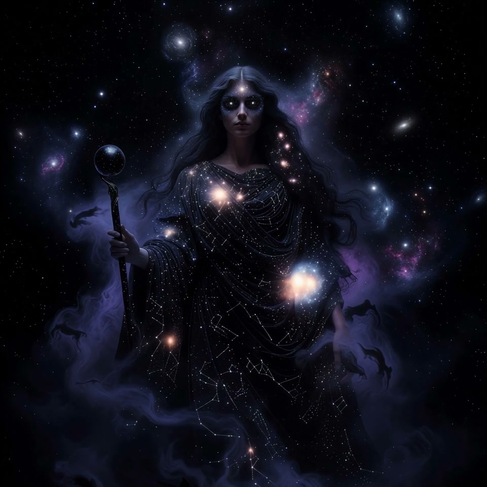 Cosmic celestial goddess with glowing star eyes holds an orb staff, surrounded by swirling galaxi...