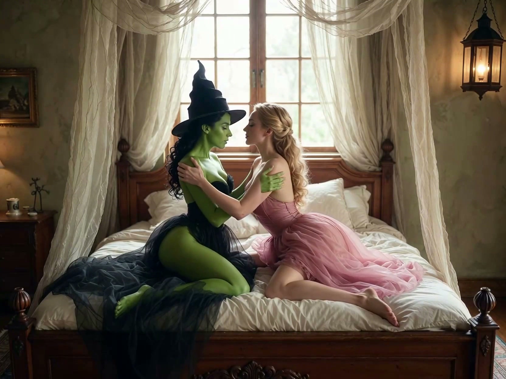 Intimate face-to-face embrace between Elphaba and Glinda kneeling on a vintage wooden canopy bed