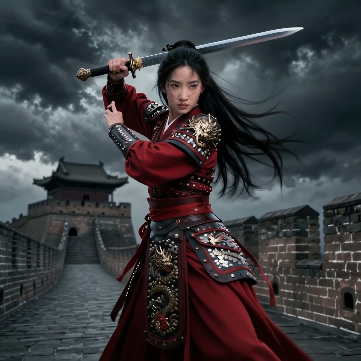 Fierce female warrior in ornate red dragon armor holds a drawn sword, standing on the Great Wall ...