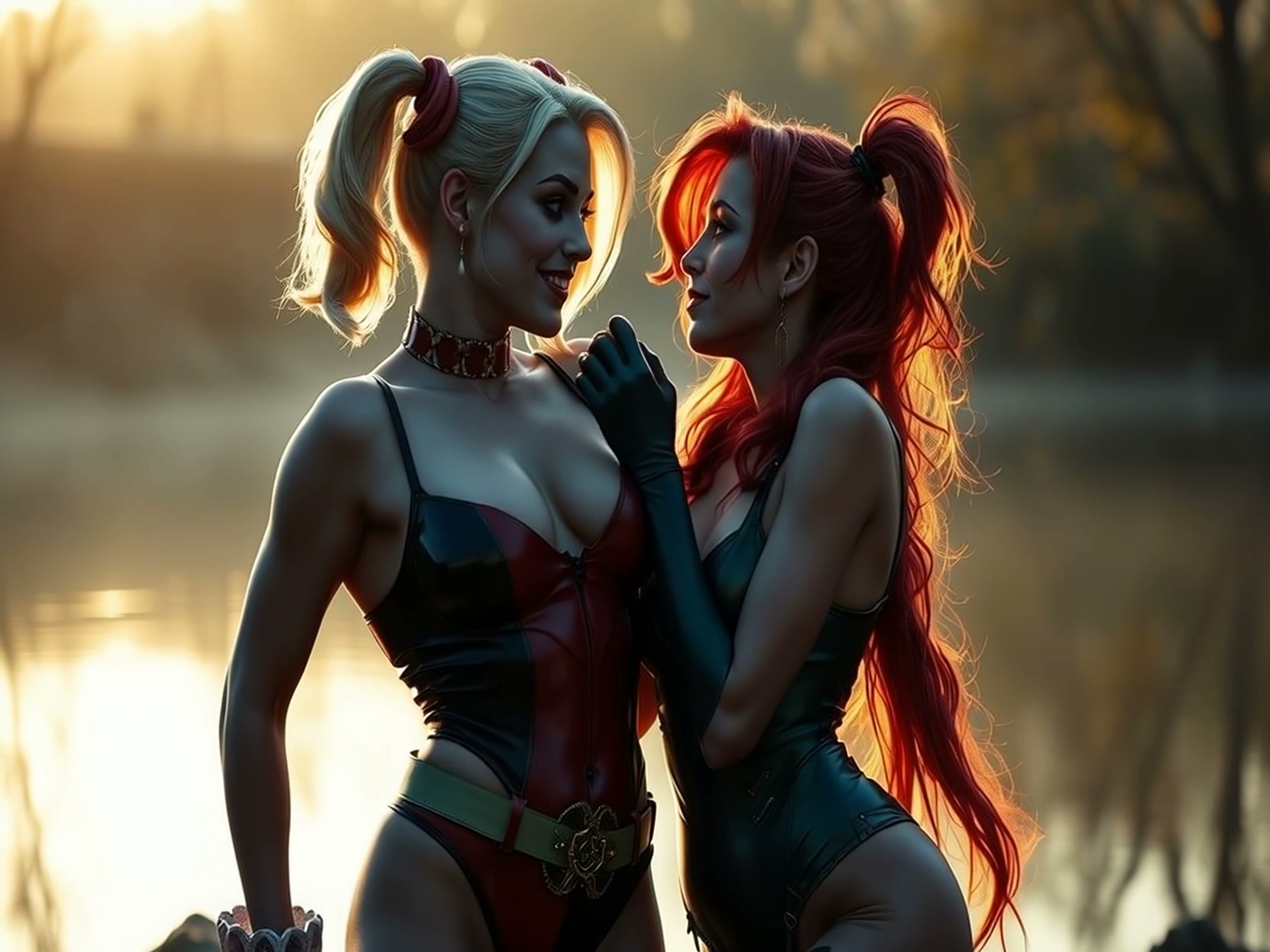 Harley Quinn and Poison Ivy gaze tenderly at each other beside a misty golden hour lakeside.