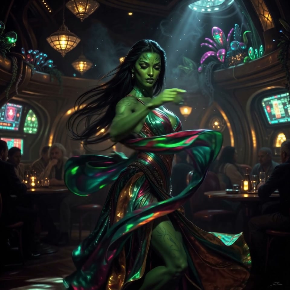 Green-skinned alien woman dances in a retro-futuristic casino lounge, wearing a swirling iridesce...