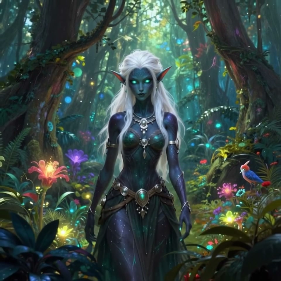 Regal dark drow elf with white hair and glowing green eyes stands in a magical bioluminescent enc...