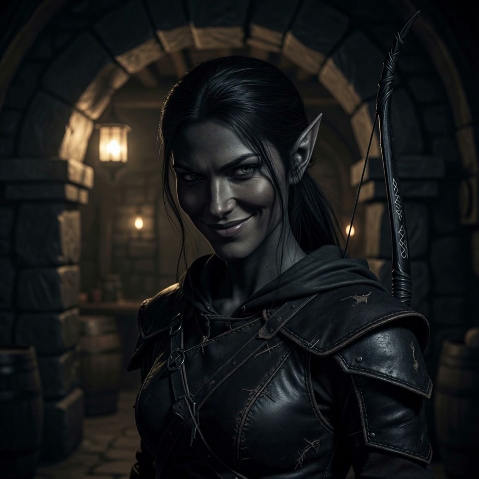 Smirking dark elf rogue in worn black leather armor, rune bow slung over shoulder, stands in dim ...