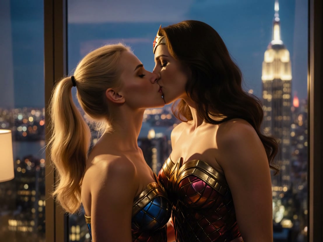Two women in Wonder Woman-style superhero costumes share an intimate kiss, with a lit NYC skyline...