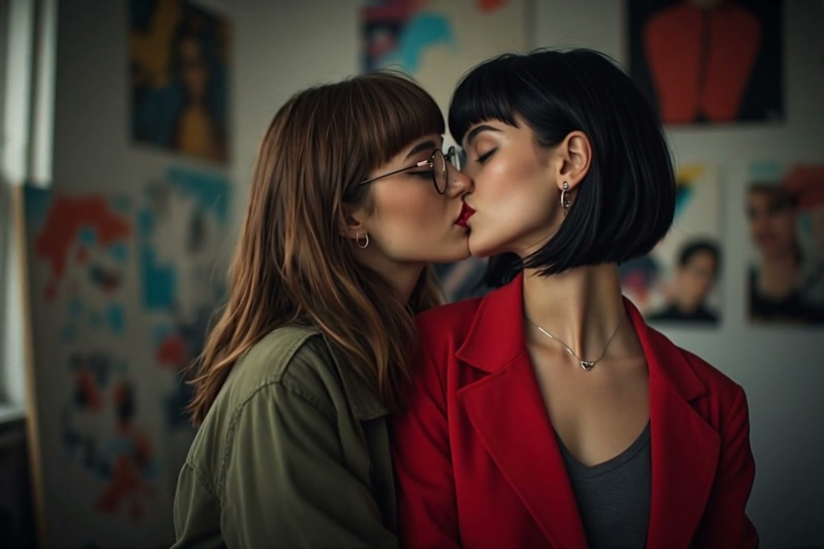 Two young women share a tender kiss in a cozy art-filled indoor studio with soft moody natural li...