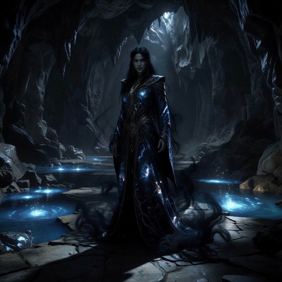 Powerful dark fantasy sorceress stands in a glowing underground cave lined with magical blue wate...