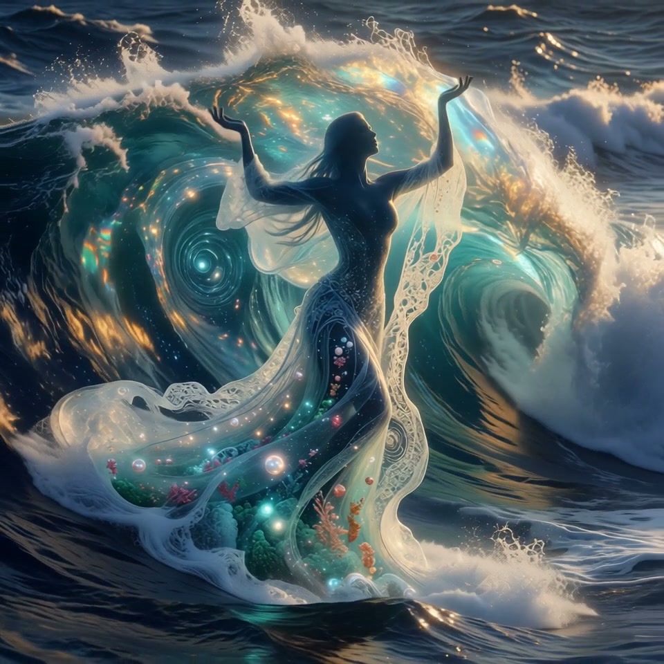 Silhouetted ocean goddess with a glowing translucent gown raises her arms before a cresting magic...