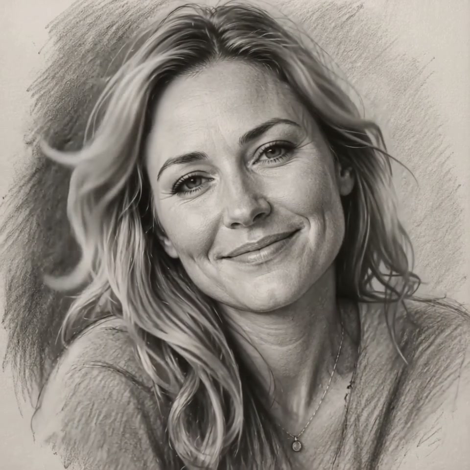 Realistic pencil portrait of a smiling blonde woman with soft wavy hair and gentle warm expression