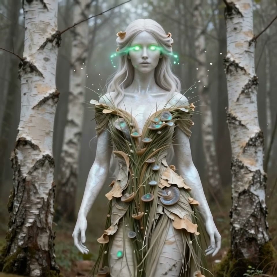 Ethereal dryad with glowing green eyes stands between birch trees in a misty woodland