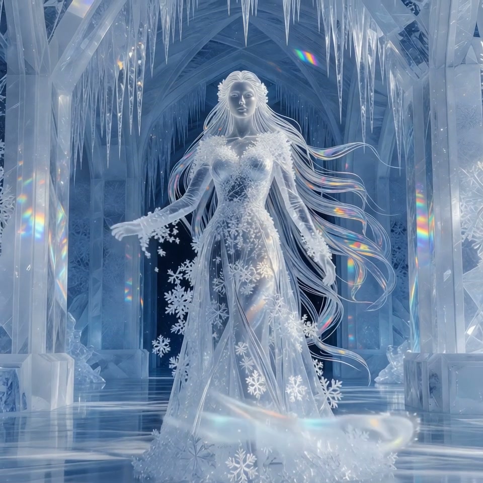Ethereal ice queen standing in a glowing arched ice palace surrounded by floating snowflakes and dangling icicles