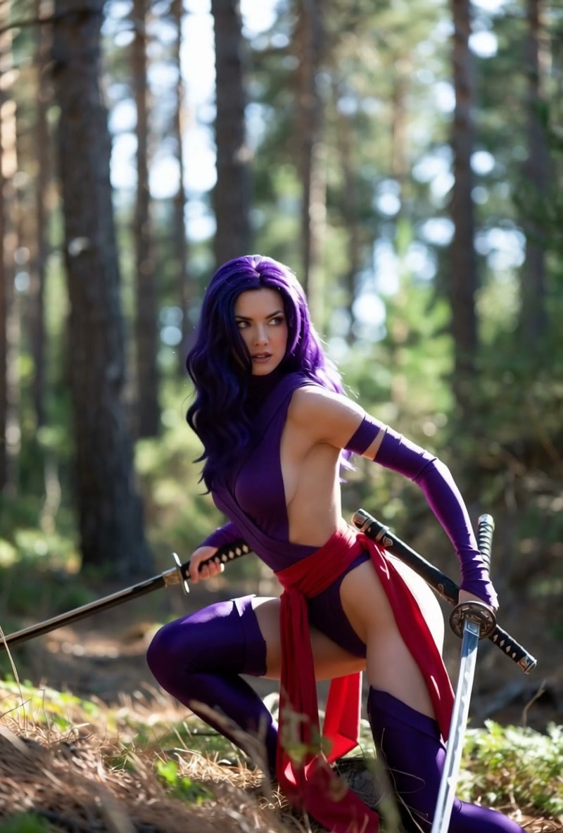 Psylocke cosplayer crouches holding dual katanas in a sunlit pine forest