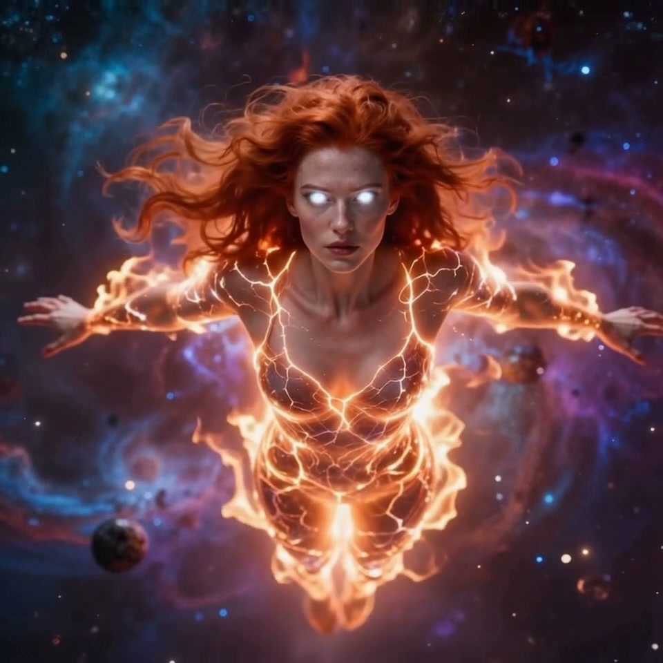 Fiery glowing red-haired cosmic heroine floats weightless through a swirling deep space nebula