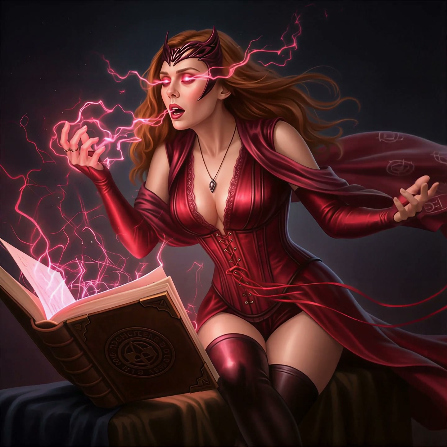 Scarlet Witch channeling glowing pink chaos magic from an ancient leather spell book