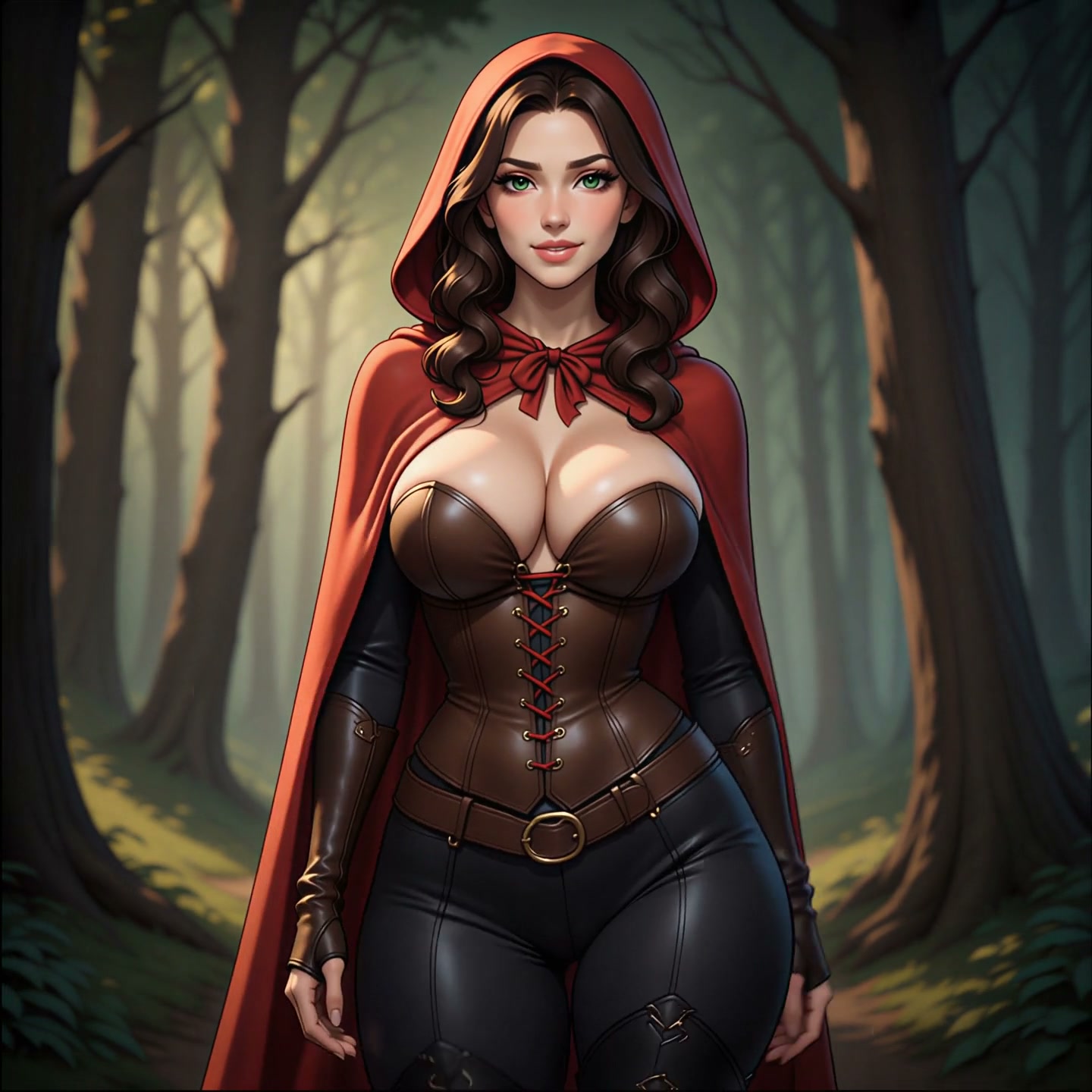 Red Riding Hood inspired fantasy adventurer standing in a sun dappled misty forest