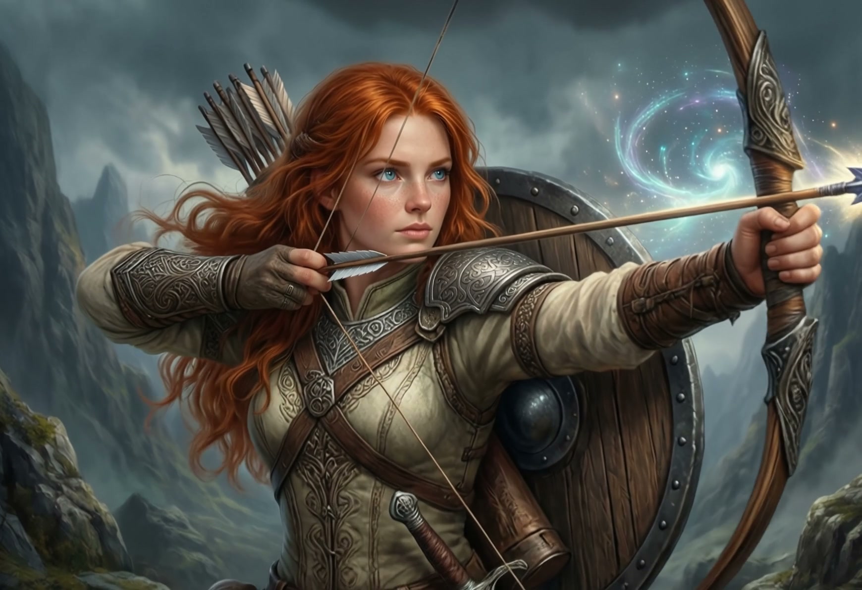 Red haired fantasy archer draws an enchanted bow while standing in a misty mountain valley