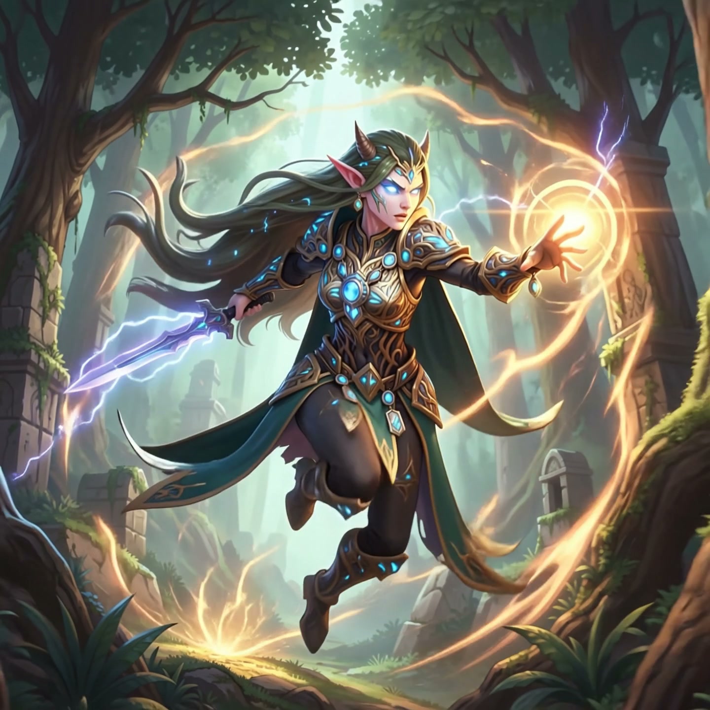 Elven spellblade casting arcane magic while wielding an enchanted lightning sword in an ancient f...