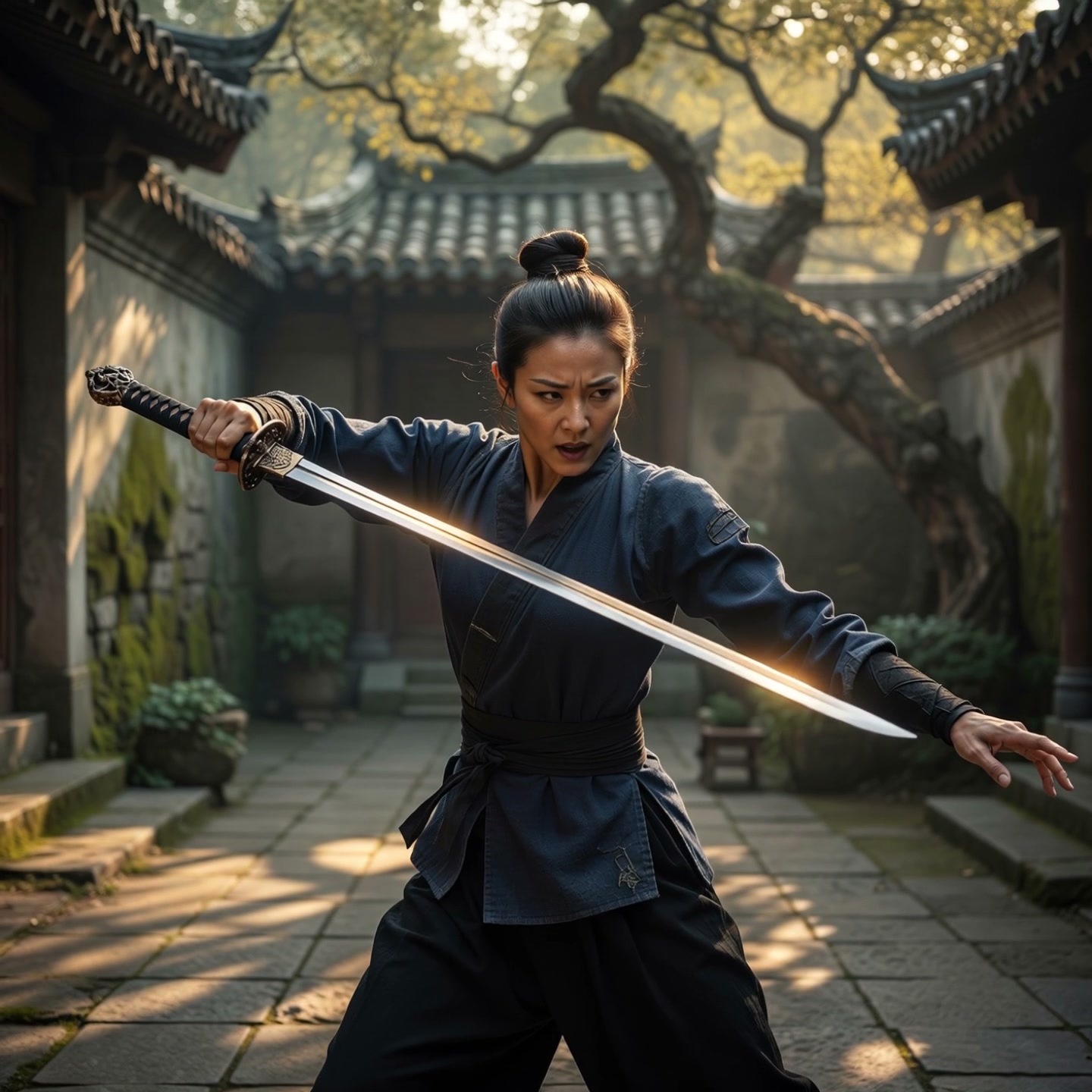 Focused female warrior wielding a drawn katana in a traditional East Asian courtyard at golden hour