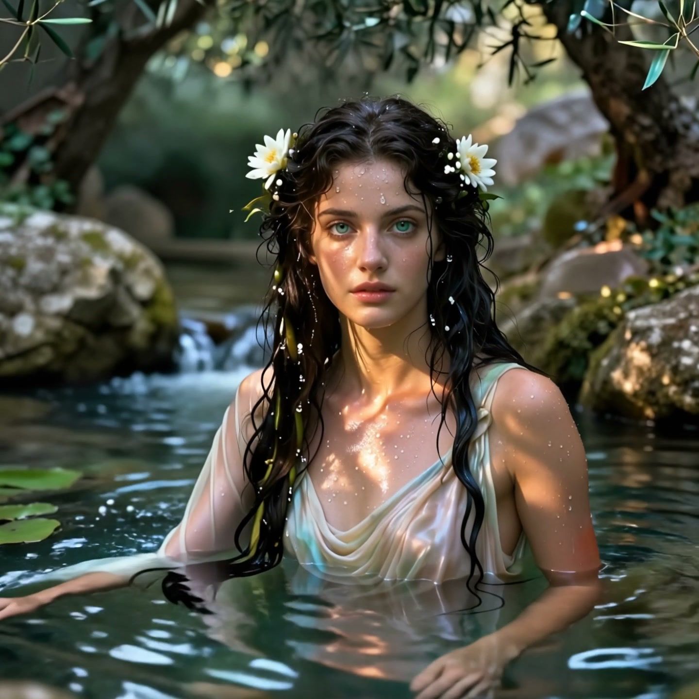 Ethereal water nymph with water lilies in her hair stands waist-deep in a sun dappled forest pool