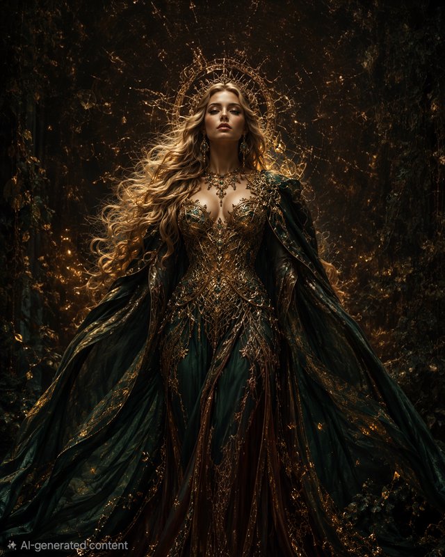 Majestic fantasy faerie queen with golden thorn halo, elaborate emerald and gold gown, stands aga...