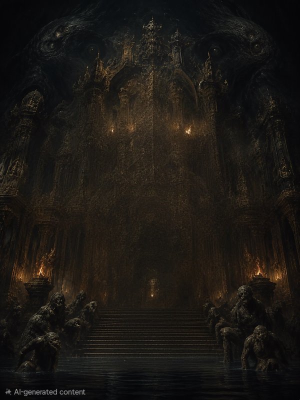 Ornate dark gothic hellish throne room, grand staircase flanked by grotesque statues, torchlight,...