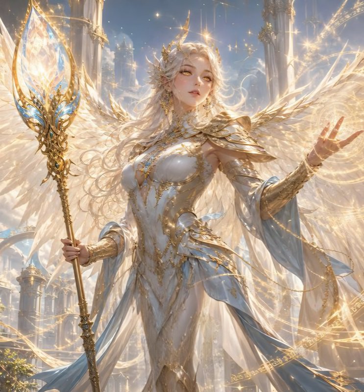 Ethereal golden winged celestial angel holds an ornate magic staff, standing in a glowing heavenl...