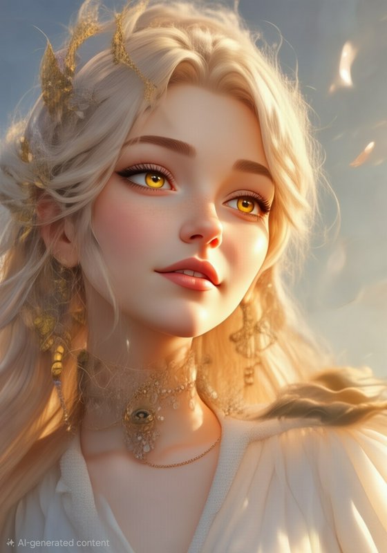 Close-up portrait of ethereal fantasy princess with platinum blonde hair, golden eyes, and gilded...
