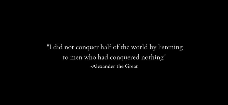 Centered elegant white serif quote by Alexander the Great displayed on a plain solid black backgr...