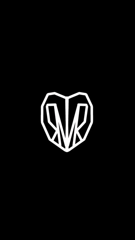 White geometric RMR monogram inside a faceted heart shield outline, centered on a solid black bac...