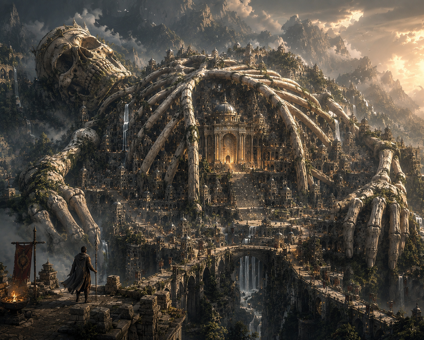 [Lone warrior overlooks an epic fantasy city built into the petrified bones of a colossal giant skeleton at misty golden s...