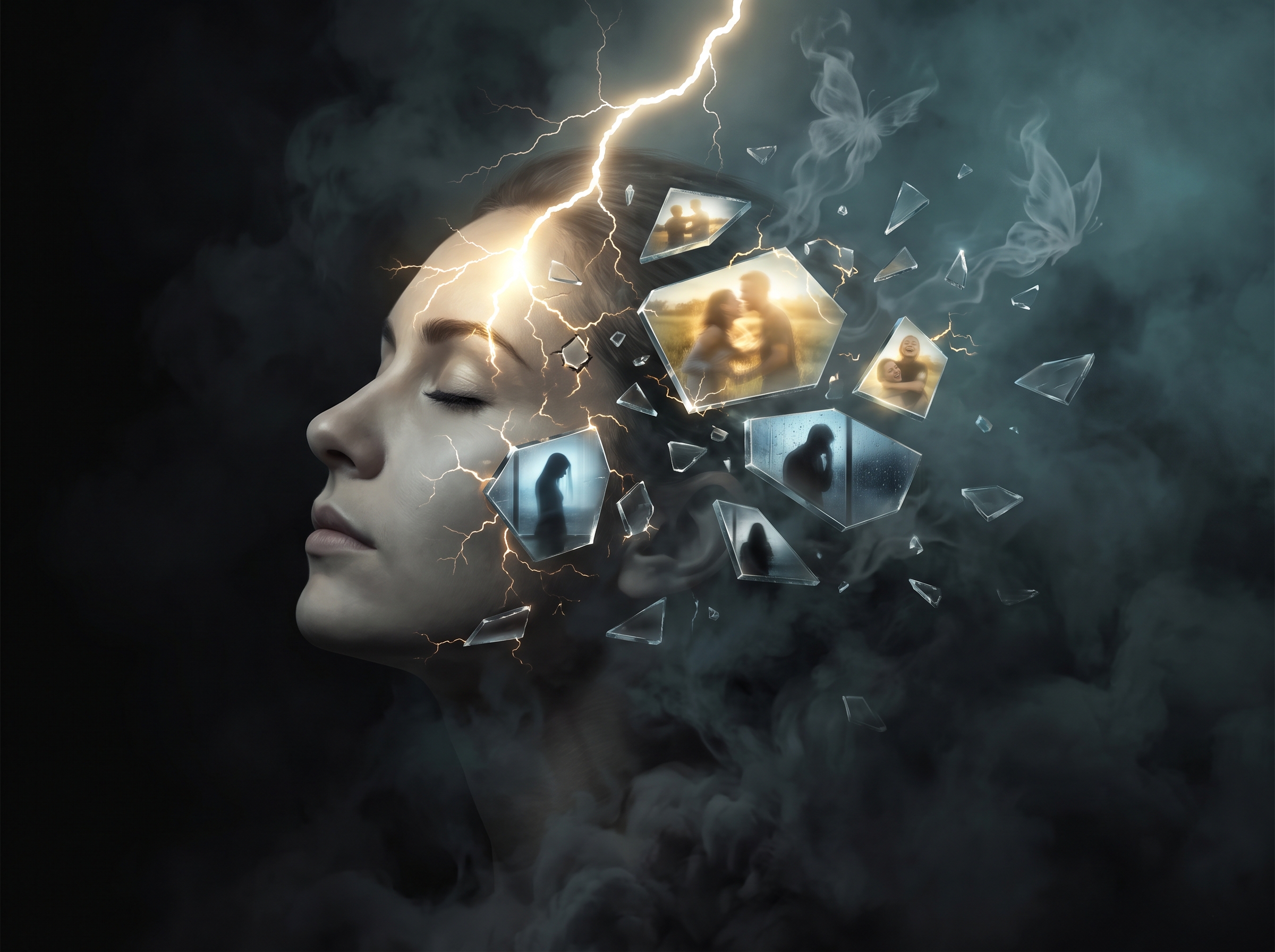 [Surreal profile portrait of a woman with glowing lightning, floating glass memory shards, and wispy butterflies against a...