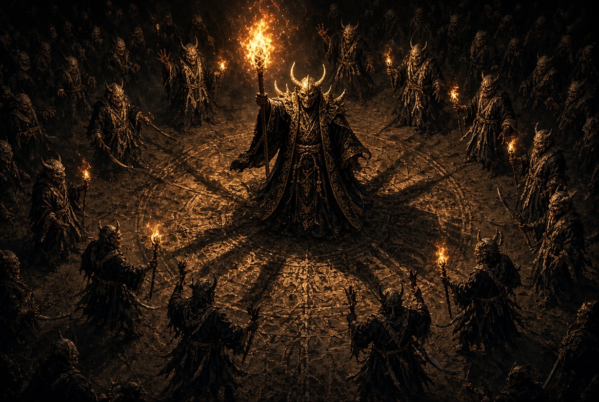 [Horned demonic overlord holding a flaming staff stands at the center of a dark ritual circle surrounded by hooded cultist...