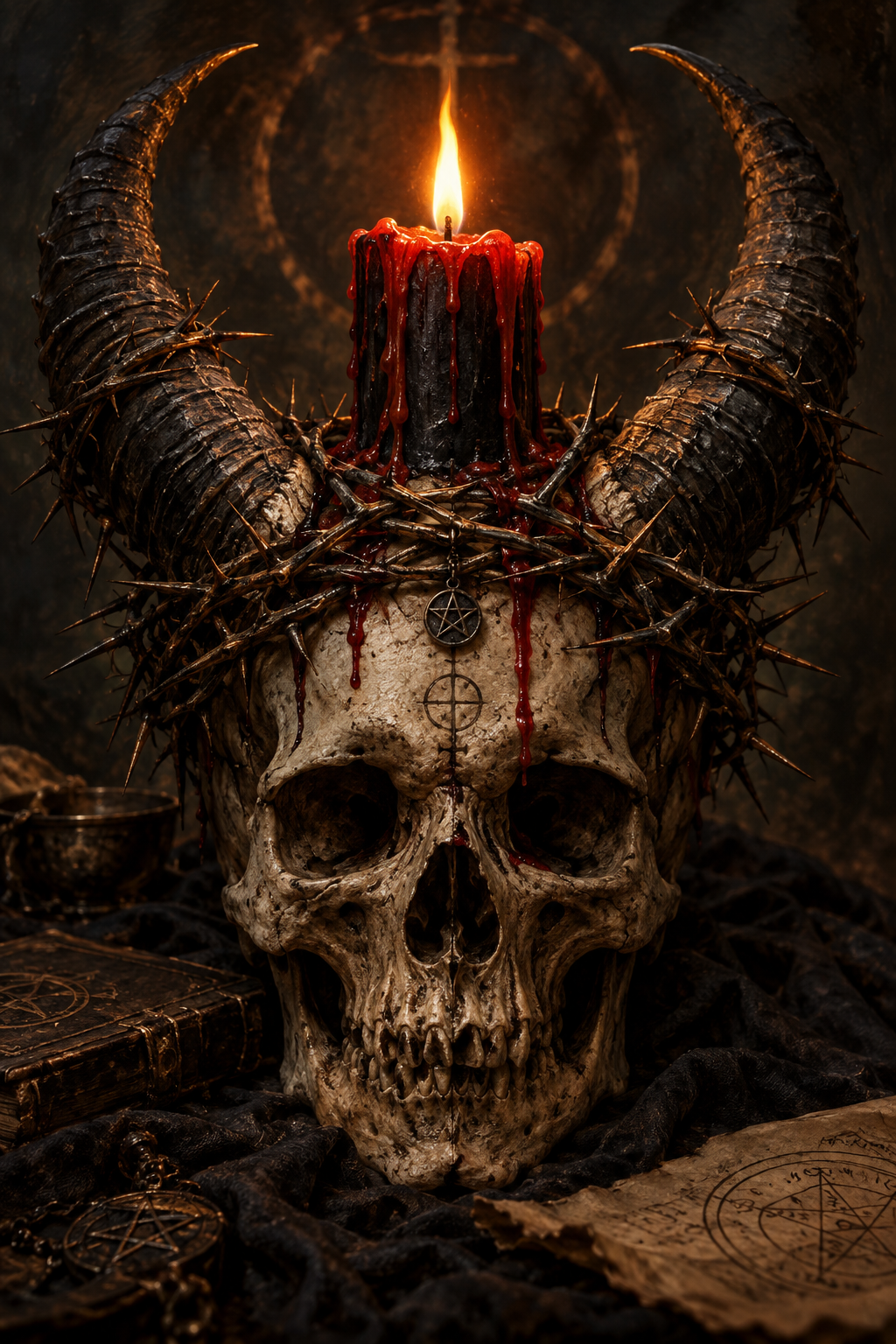 [Weathered horned occult skull wearing a crown of thorns holds a dripping lit red wax candle atop a dark satanic ritual al...