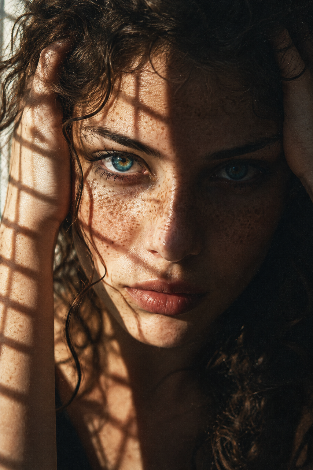 Close up portrait of a freckled woman with bright blue eyes, window grid shadows falling across her face
